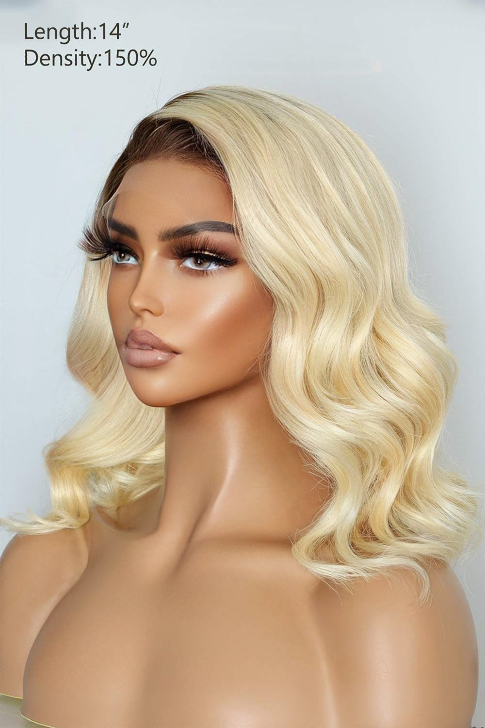 13x4 Full Lace Frontal Blonde Bob Wig with Dark Roots Side Part Wavy