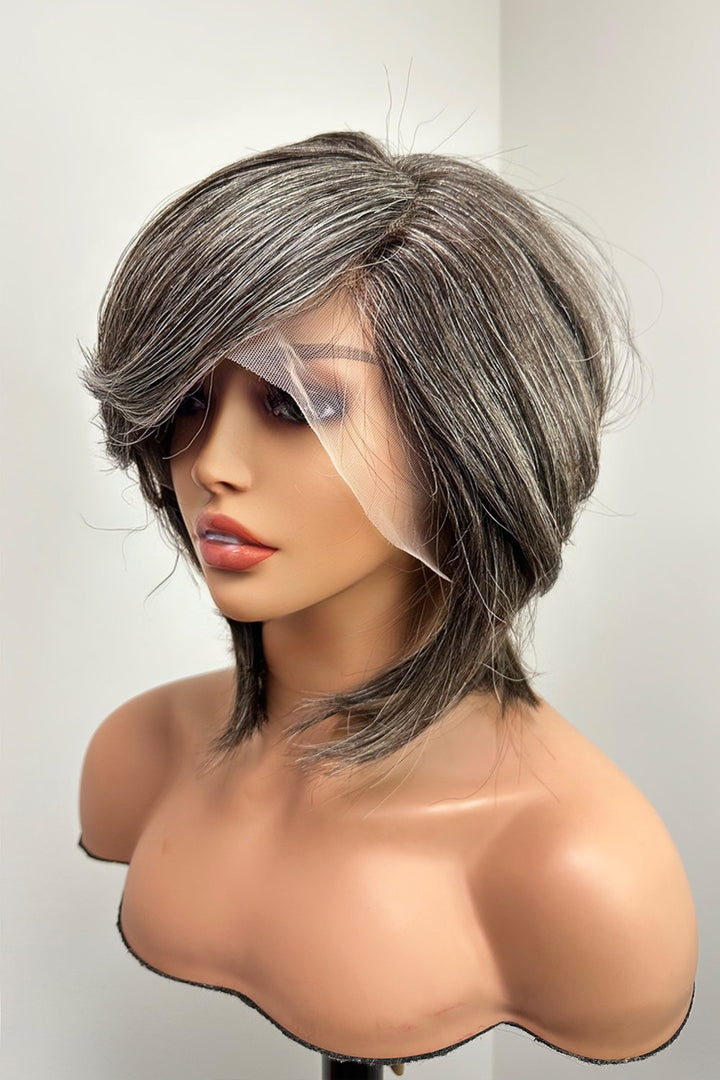 Designer Wigs-13*6 Lace Front Wig Silver Grey For Lady Pixie Bob