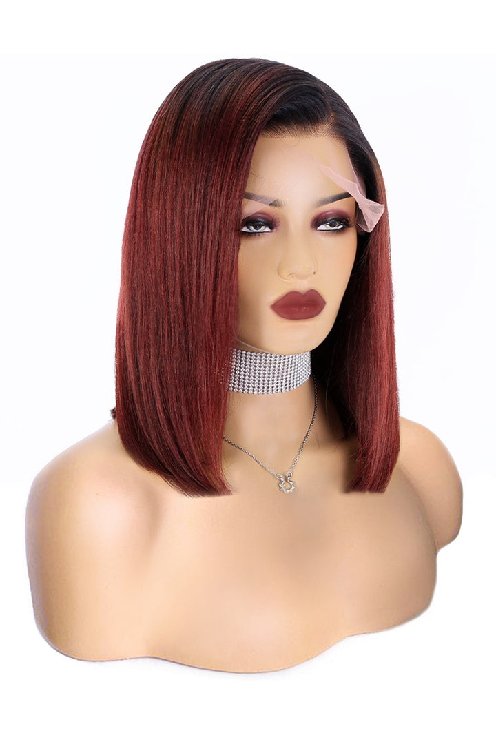 13x6 1B/Red Dark Root Lace Front Wig Straight Bob Human Hair PB54