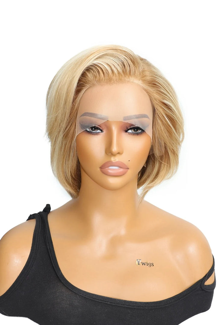 Blonde bob highlights side part asymmetrical glueless lace frontal wig front view