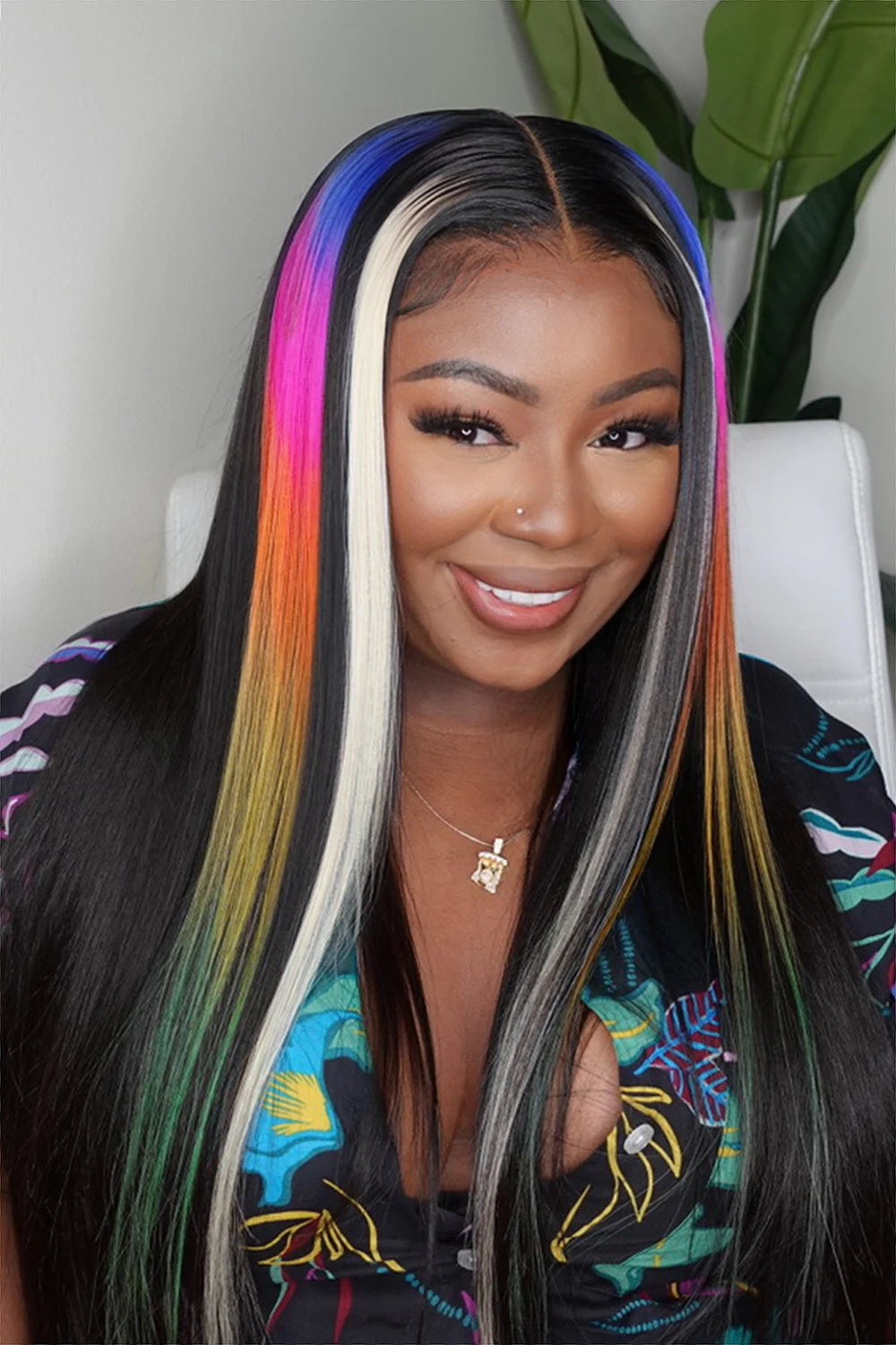 Bright Rainbow Colored Wig Glueless HD Lace Front Straight Highlights