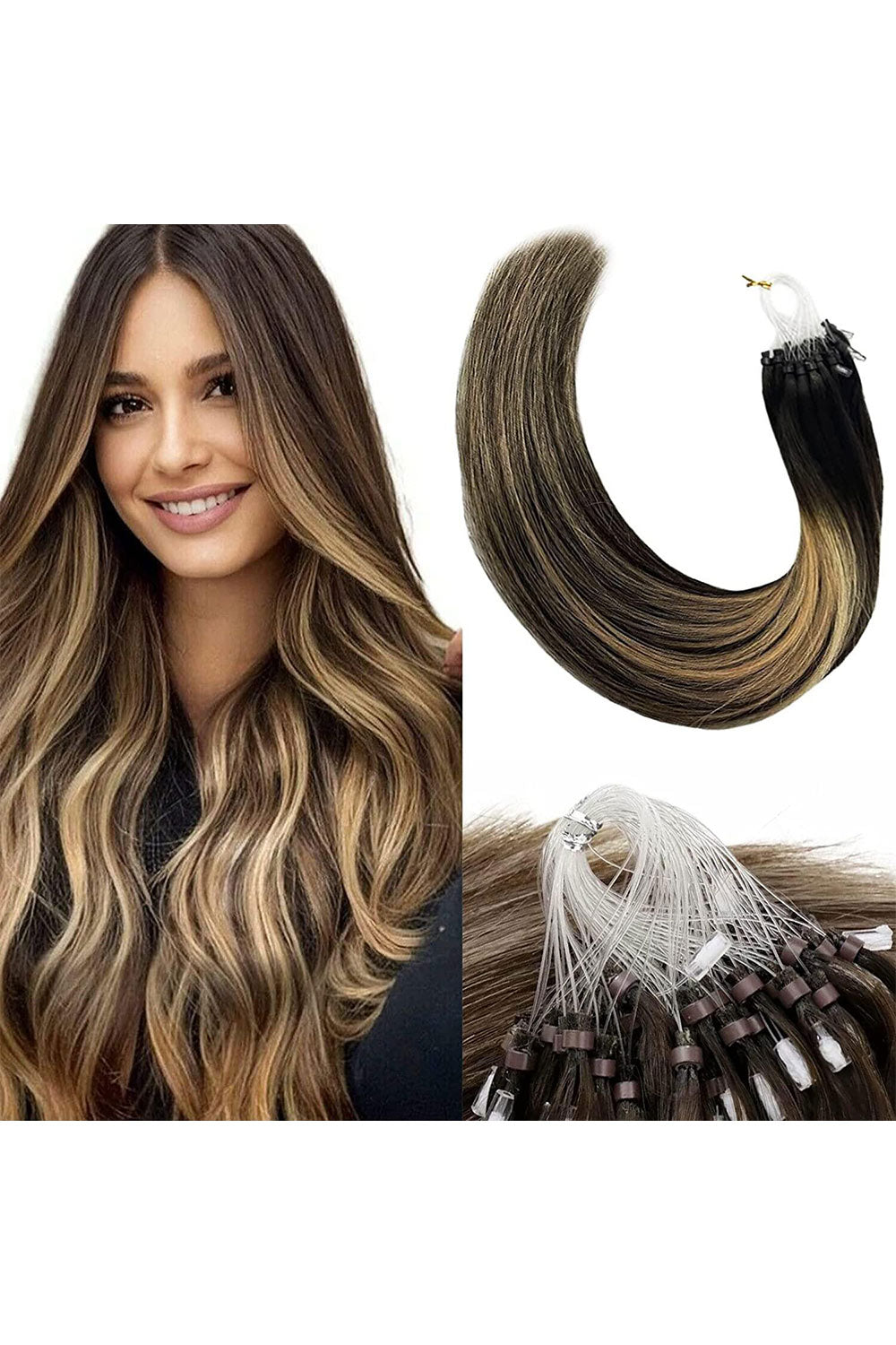 Colored Micro Link Hair Extension Black and Grey, Blonde and Brown
