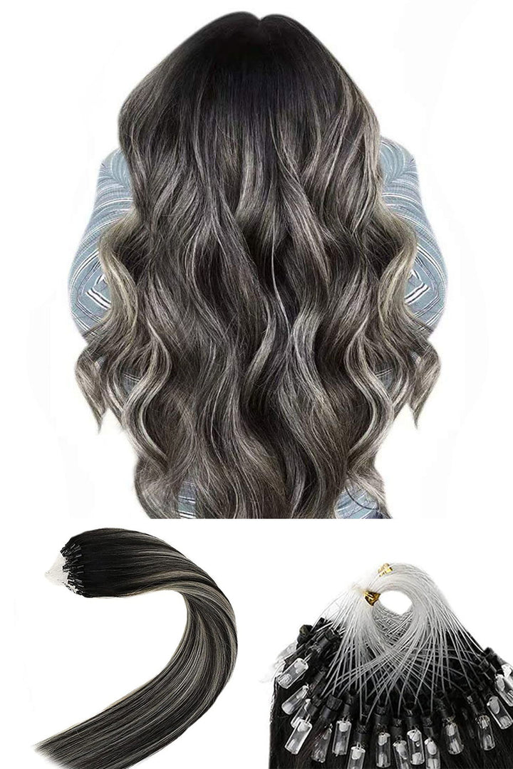 Colored Micro Link Hair Extension Black and Grey, Blonde and Brown