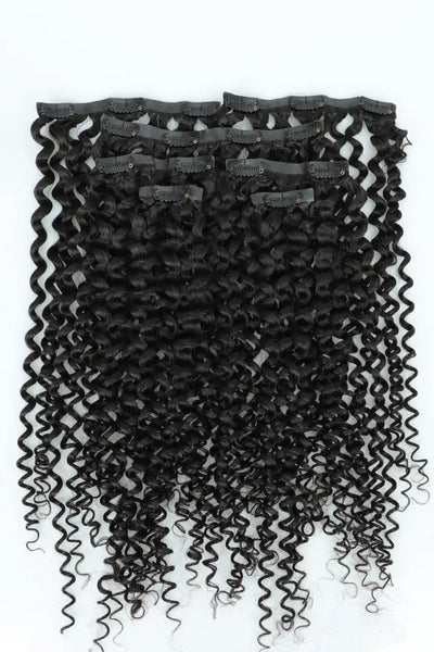 Double Drawn Curly Seamless Clip in Hair Extensions Natural Black