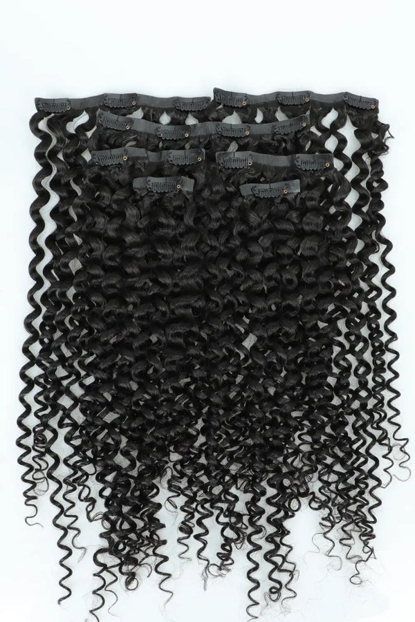 Double Drawn Curly Seamless Clip in Hair Extensions Natural Black