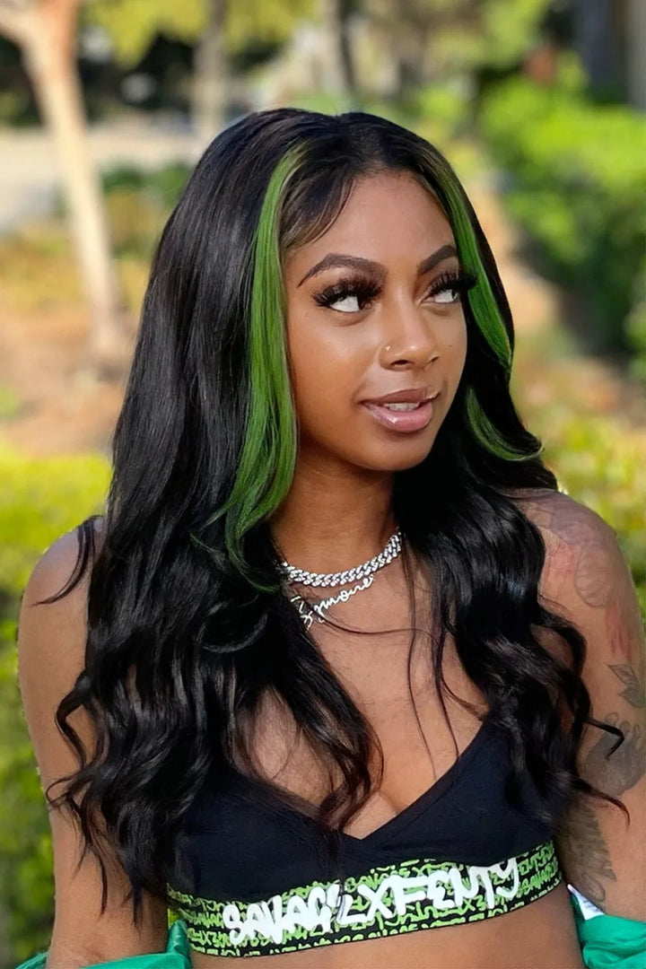 Youtuber is showing off our green skunk stripe wig - shady environment