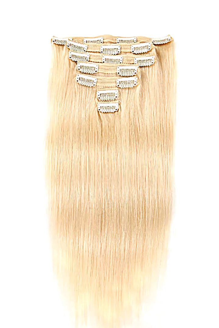 Extensions de cheveux humains à clips blonds, 7 pièces, bord en dentelle, Double trame