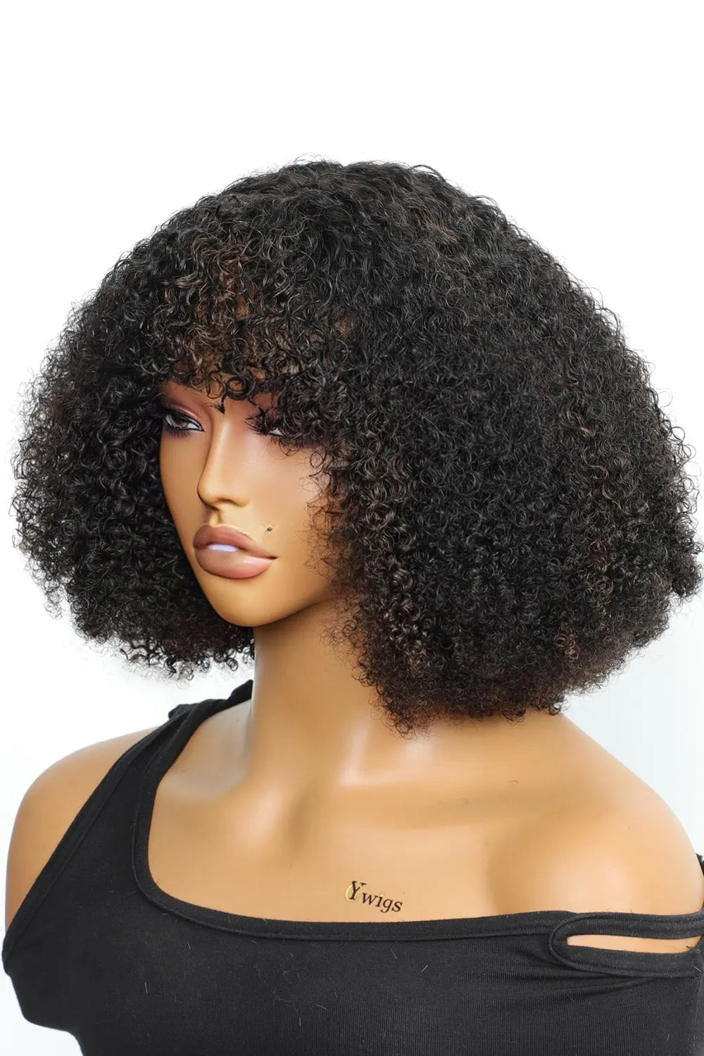 No Glue Wigs With Lace Front Top and Bangs Highlight Brown Curly