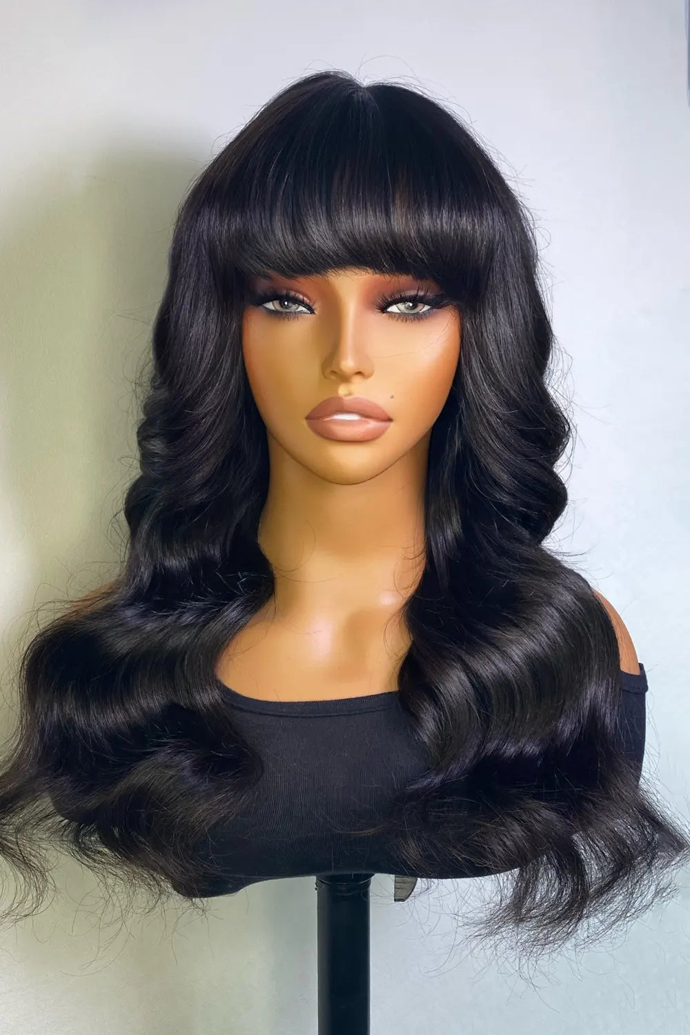 No Glue Wigs With Lace Front Top and Bangs Long Black Body Wave