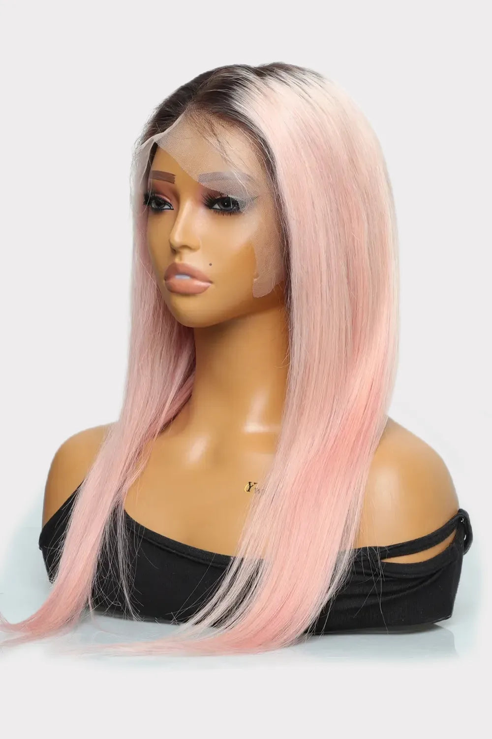 Chin length pink with dark brown roots wig Luxury Balayage Pastel Rose Gold Pink Dark Roots 100% Human  main image 4