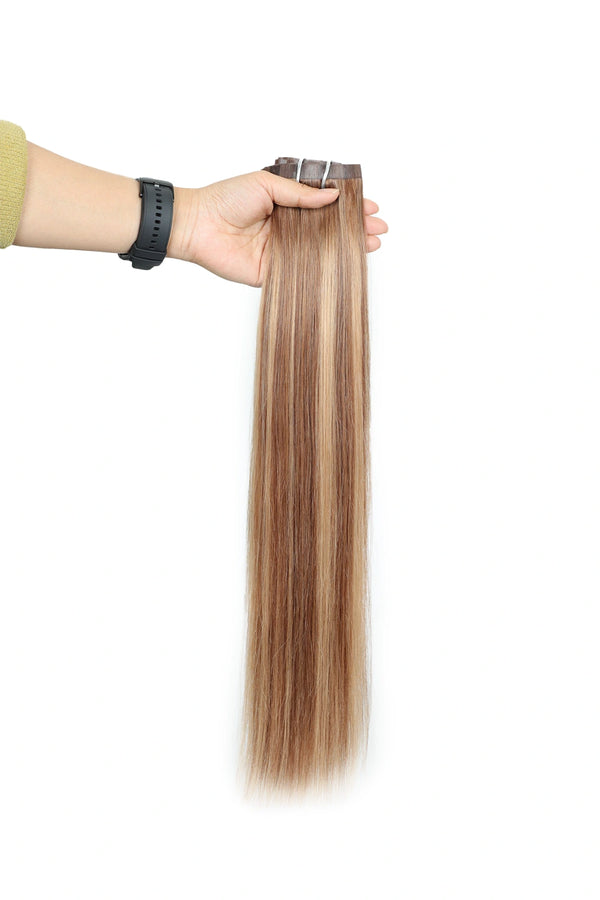 Double Drawn Seamless Clip in Hair Extensions Brown with Blonde Highlights
