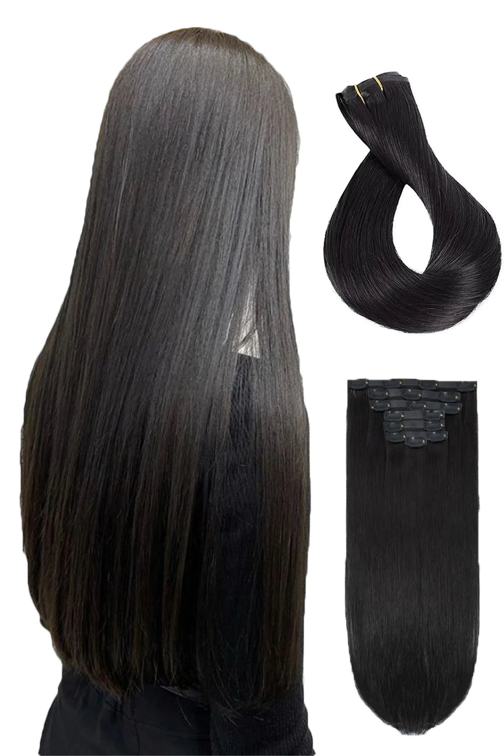 Extensiones de cabello con clip sin costuras, trama de silicona, pelo negro liso