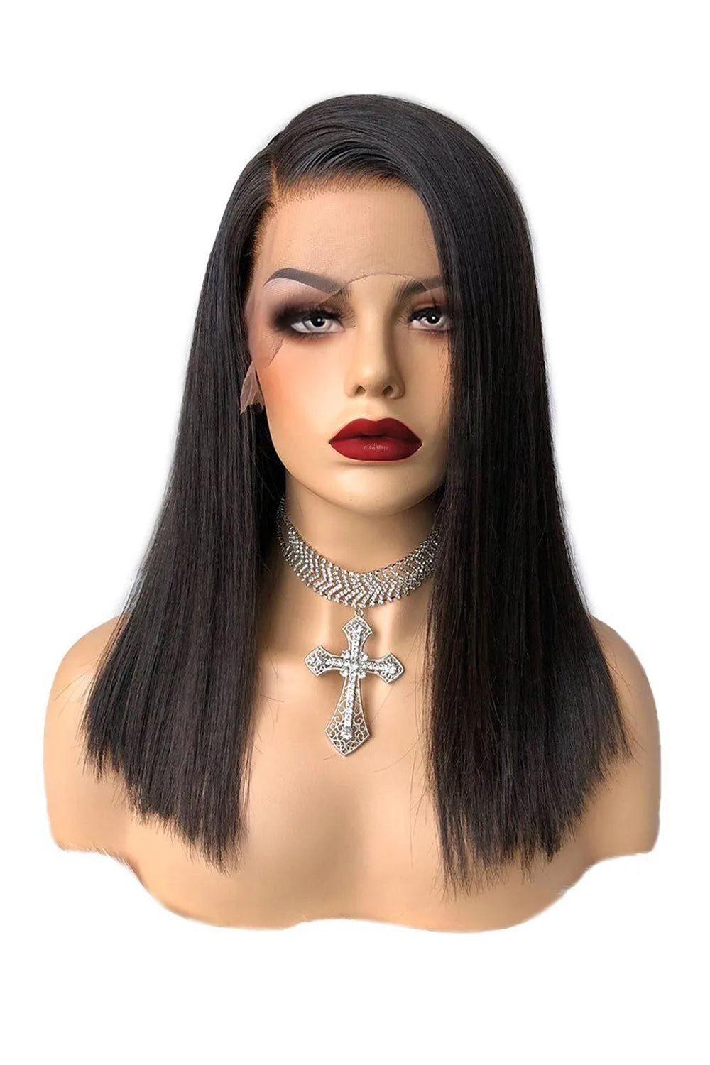 Shoulder length long bob wig 13x6 hd lace black straight virgin hair model wearing renderings