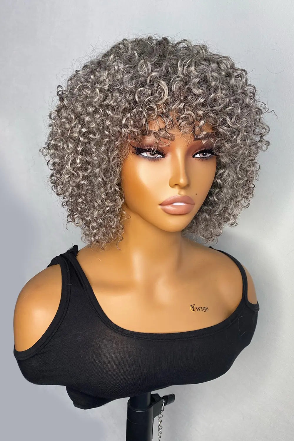 Silver Grey Salt and Pepper Curly Bob Elderly Wig Non Lace Human Hair