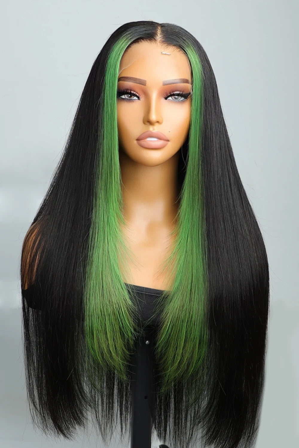 Straight green skunk stripe wig model front view