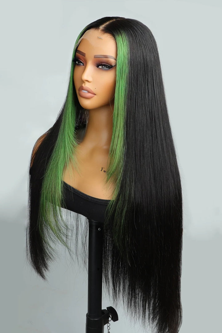 Straight green skunk stripe wig mannequin side view