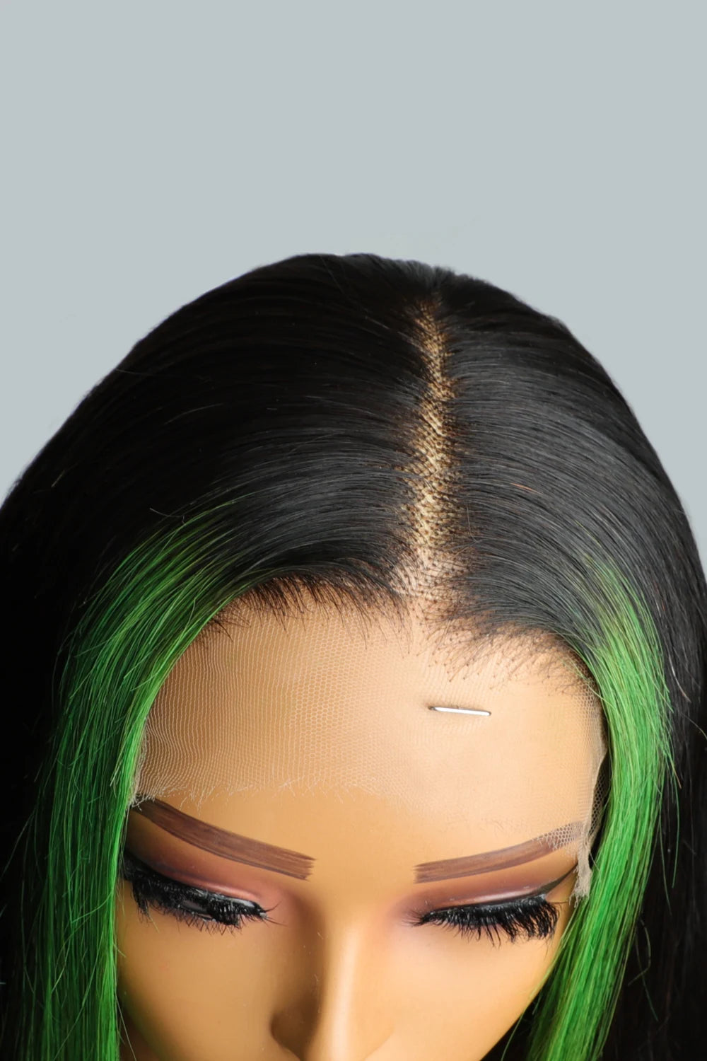 Straight green skunk stripe wig natural hairline