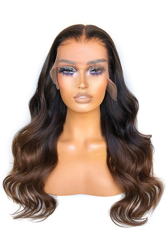 13x6 Medium-Dark Brown Ombre HD Swiss Lace Front Long Body Wave Wig